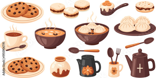 Coffee and dessert collection with chocolate chip cookies hot cocoa dumplings cakes teapot cups and sweet treats vector set