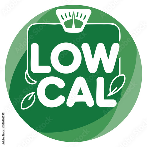 Low Cal food products stamp featuring pin mark and weight scales pictogram, isolated vector emblem for dietary packaging and branding