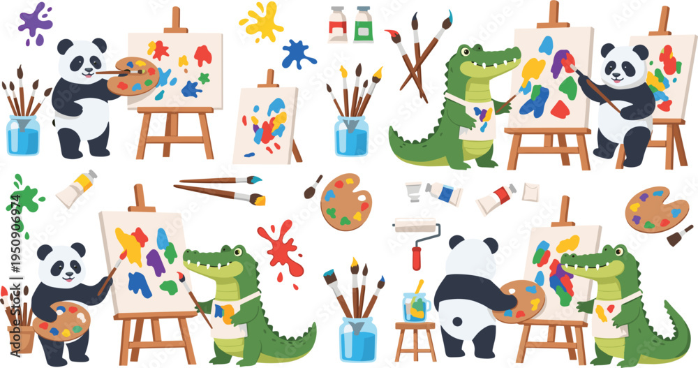 Obraz premium Cute Animal Artist Set with Panda and Crocodile Painting on Canvas with Brushes, Palette and Easel Vector Illustration
