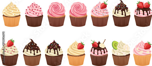 Colorful cupcake dessert collection with chocolate vanilla strawberry frosting sprinkles and fruit toppings bakery vector illustration set