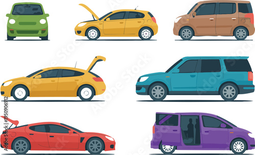 Collection of various colorful car vectors including SUV sedan and hatchback for automotive service transportation and travel illustration