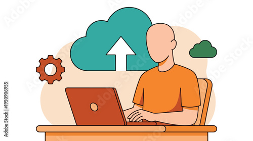 Person using laptop to upload data to cloud storage, technology concept illustration