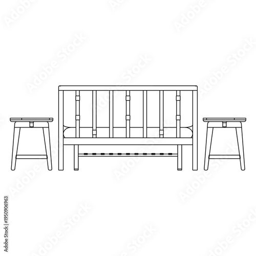 Side view outline illustration of living room furniture set with sofas, stools and rectangular coffee table. Minimal technical line drawing ideal for furniture design reference.