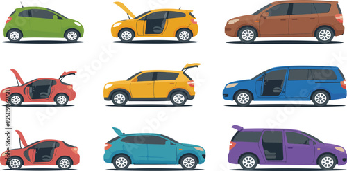 Collection of various colorful car vectors including SUV sedan and hatchback for automotive service transportation and travel illustration