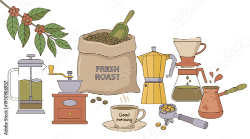Coffee preparation and brewing methods with various tools and ingredients