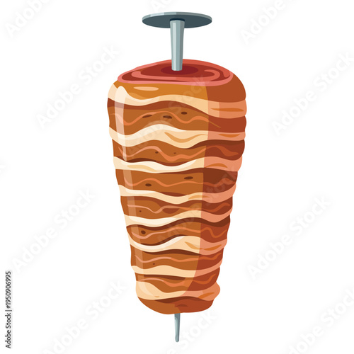 Meat slices stacked in cone like shape doner kebab shawarma roasted on slowly turning vertical spit, perfect for restaurant branding and fast food visuals