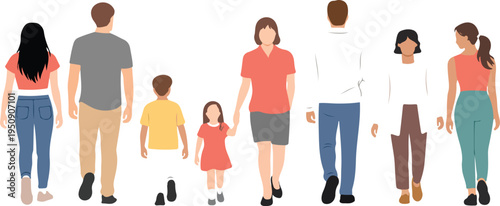 Flat vector illustration of diverse group of people and children walking away in a row isolated on white,