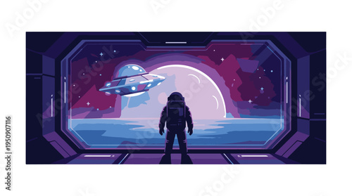 Astronaut in spaceship observing alien planet and UFO in vibrant space