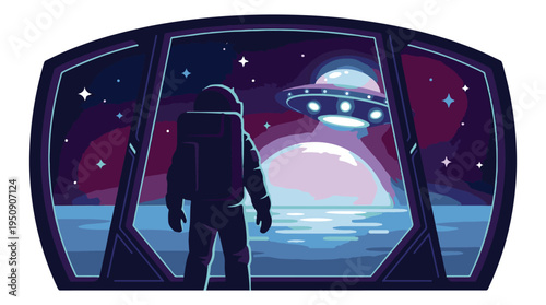 Astronaut in spaceship observing a glowing UFO above a vibrant alien planet
