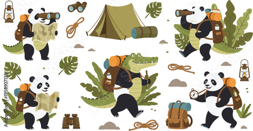 Cute Animal Hiking Adventure Set with Panda and Crocodile Backpackers Camping, Exploring Nature with Tent and Map Vector Illustration