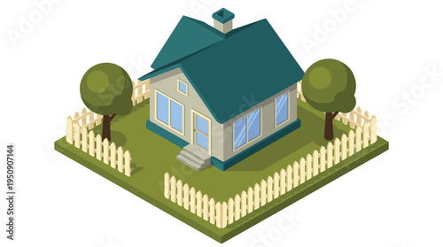Isometric suburban house with green lawn, trees, and white picket fence