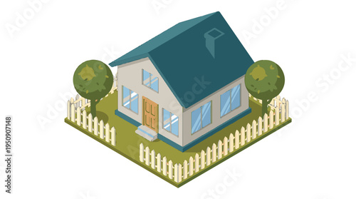 Isometric cartoon house illustration with green roof, fence, and trees