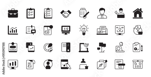 Business and office black glyph icons set, professional management and finance pictograms collection