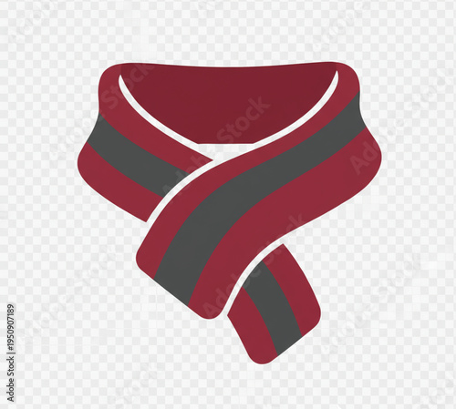 Stylized graphic illustration of a cozy winter scarf, featuring a distinctive maroon and grey striped pattern, perfect as a fashion accessory icon for seasonal designs and cold weather apparel
