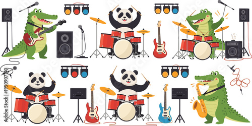 Cute Animal Music Band Set with Panda and Crocodile Playing Drums, Guitar and Saxophone Cartoon Vector Illustration