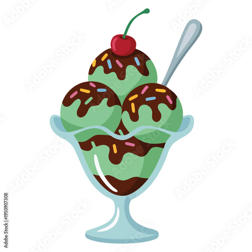 Mint chocolate chip ice cream sundae in glass dish with chocolate sauce sprinkles and cherry delicious dessert design