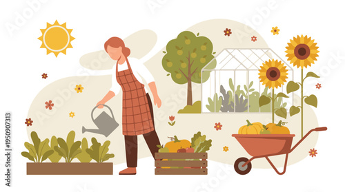 Woman watering plants and harvesting crops in an autumn garden scene