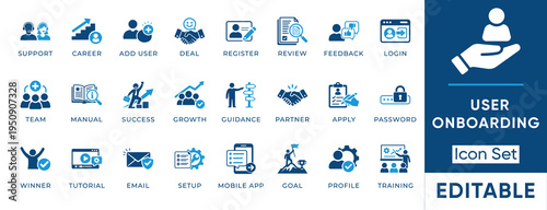 User onboarding icon set. Containing login, register, profile, support, training, feedback, setup, team and more. Solid vector icons collection.