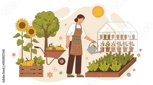 Gardener Watering Vegetable Patch with Autumn Harvest and Greenhouse