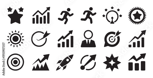 Achievement and motivation solid icons set for business growth startup launch and career performance
