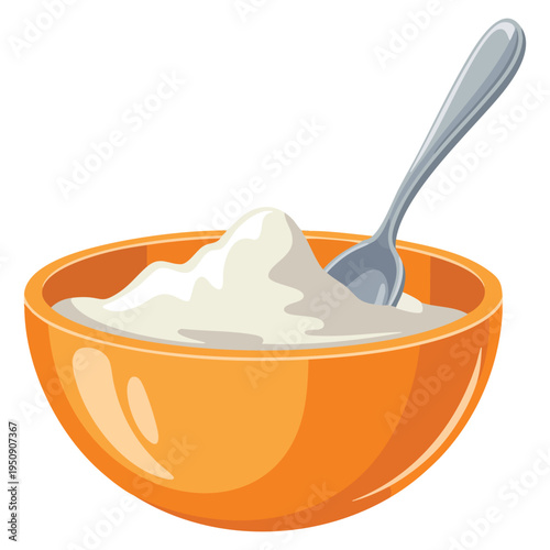 Mixing loose ingredients in ceramic bowl with spoon cookware for making dough cookie or croissant flat cartoon isolated vector illustration