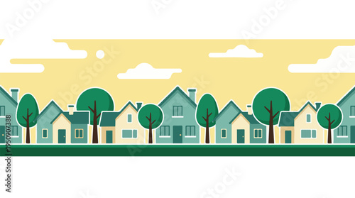 Suburban neighborhood street with houses and trees in flat design