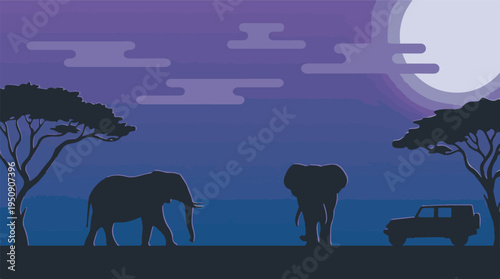 Night safari landscape with elephants, jeep, and moon under purple sky