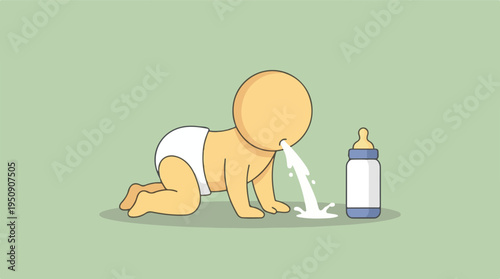 Infant baby crawling and spitting up milk next to a feeding bottle