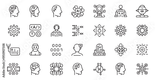 Future technology line icons showing cyborg profile robotic head neural systems and digital networks