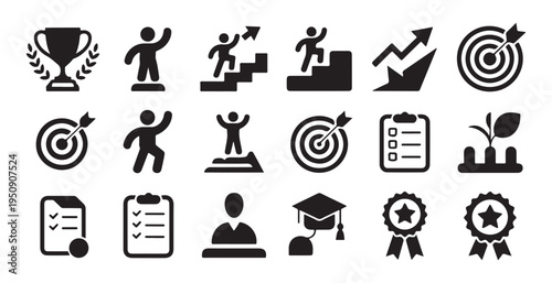 Trophy success goal stairs career growth checklist graduation cap and award ribbon icons set