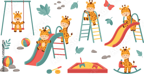 Cute Baby Giraffe Playground Set Playing on Swing, Slide, Ladder and Sandbox Cartoon Vector Illustration