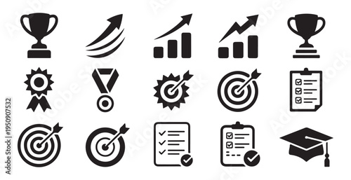 Trophy progress chart growth arrow ribbon medal target checklist graduation cap icons achievement symbols