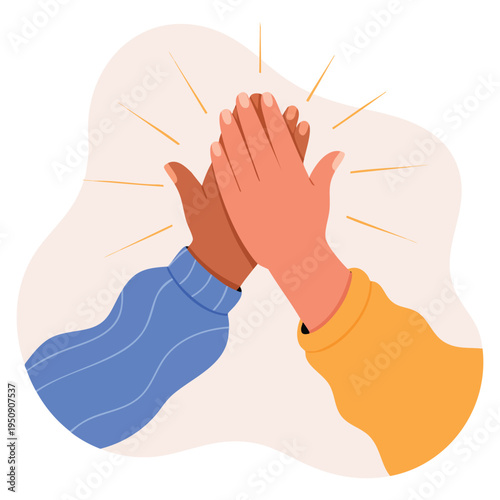 Multicultural people putting hands together in high five gesture, two hands clapping vector illustration for teamwork, friendship, unity, help, equality, support, partnership and community concept