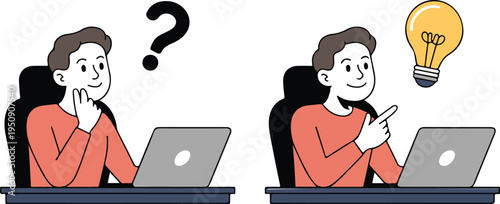 Flat vector illustration of a man sitting with laptop thinking with question mark and finding creative new idea,