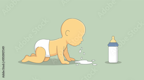 Infant spitting up milk near bottle, illustrating common baby reflux