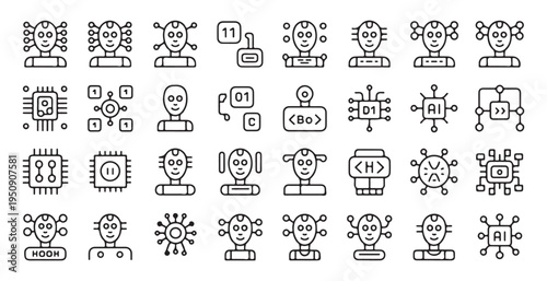 Robot assistant and computer chip line icons for artificial intelligence and automation technology