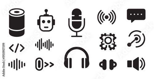 Voice assistant and smart speaker glyph icons, sound waves, microphone, and coding vector symbols