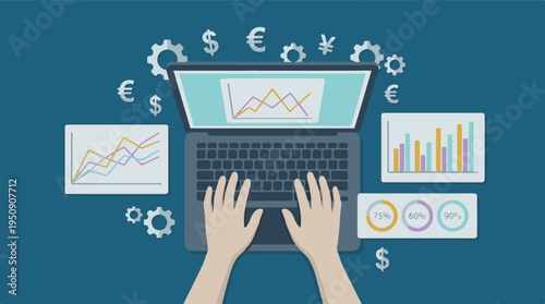 Digital business analytics and financial reports on a laptop, flat design.