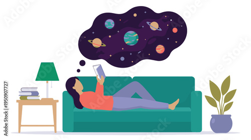 Woman reading a book on a couch, imagining space and planets