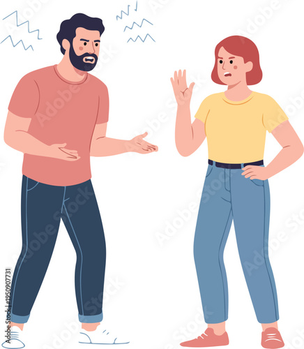 Flat vector illustration of a man and woman having an angry argument with aggressive gestures isolated on white,