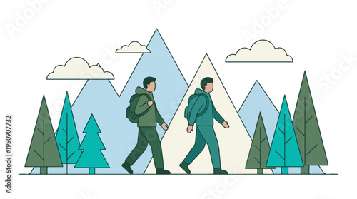 Two hikers with backpacks walking through a minimalist mountain landscape