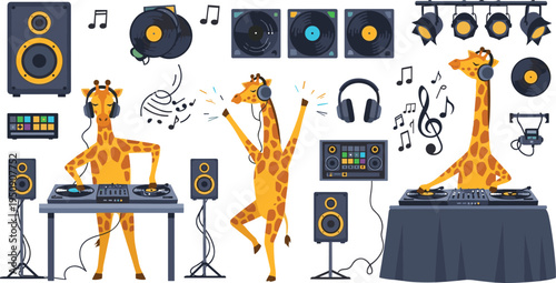 Cute Giraffe DJ Music Party Set Mixing Records with Turntable, Headphones, Speakers and Dance Cartoon Vector Illustration