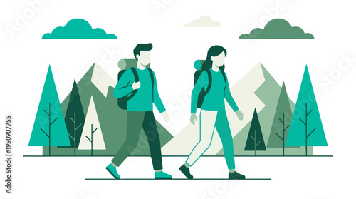 Minimalist illustration of a couple hiking in a serene mountain landscape