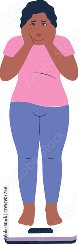 Sad overweight woman standing on weighing scales looking down worried about her weight gain and fitness flat vector illustration