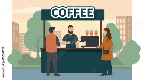 People buying coffee from a street vendor in an urban setting illustration