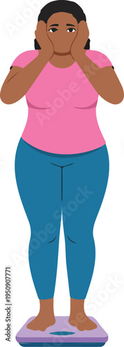 Sad overweight woman standing on weighing scales looking down worried about her weight gain and fitness flat vector illustration