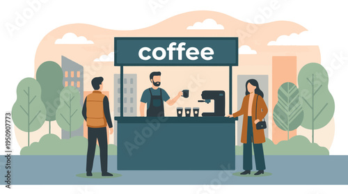 People buying coffee from a barista at an outdoor stand in a city setting