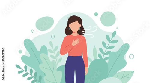 Mindful woman taking a deep breath in a serene natural setting