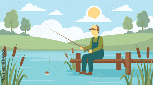 Man fishing by a calm lake on a sunny day, vector illustration