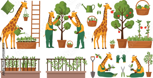 Cute Giraffe Gardeners Growing Plants and Vegetables in Urban Garden with Tools, Trees and Planters Vector Illustration